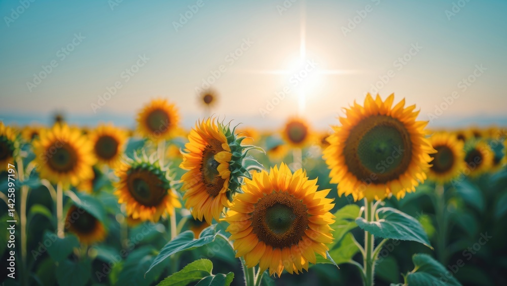 Obraz premium Vibrant panoramic view of sunflowers in full bloom under a bright sky during summer