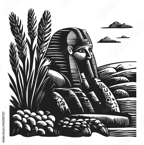 Hand-Drawn Illustration of Ancient Statue with Wheat and Landscape