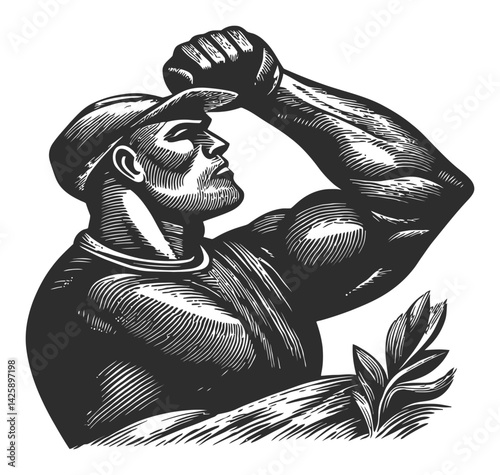 Hand-Drawn Illustration of a Strong Man Gazing into the Distance