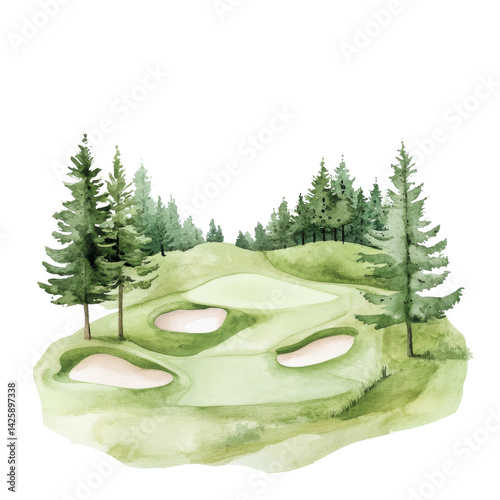A watercolor golf course on transparent Background