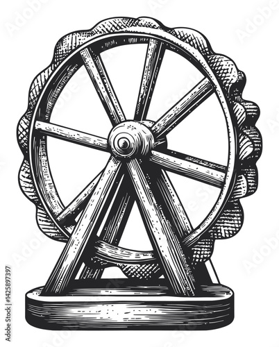 Hand Drawn Illustration of an Antique Spinning Wheel in Detail