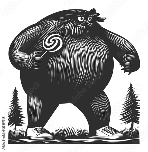 Illustration of a Large, Furry Creature Holding a Lollipop in Forest