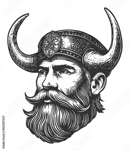 Detailed Hand-Drawn Illustration of Viking Warrior with Horned Helmet