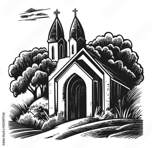 Black and White Hand Drawn Illustration of a Church Surrounded by Trees