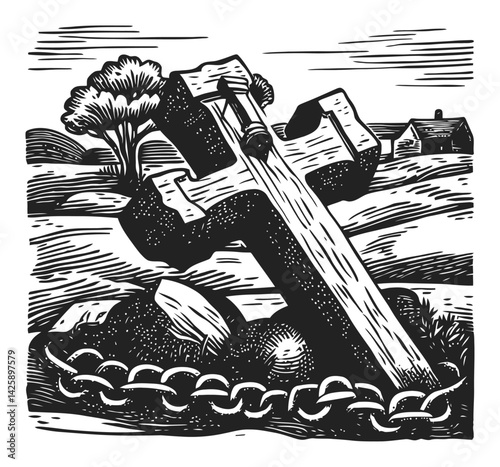 Hand-Drawn Illustration of a Cross with Landscape and Chain Elements