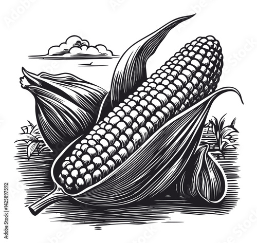 Hand Drawn Vintage Corn Illustration with Leaves and Landscape