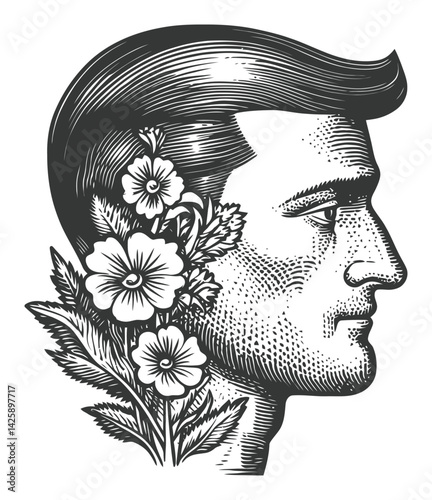Vintage Hand-Drawn Illustration of a Man's Profile with Flowers