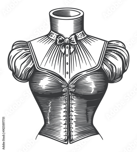 Hand-drawn Illustration of Vintage Fashion Corset and Collar Design