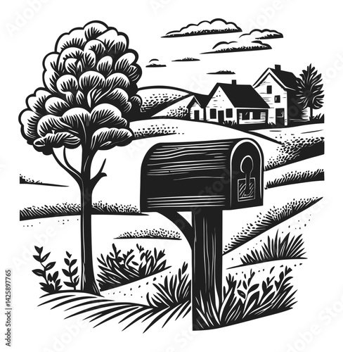 Hand Drawn Illustration of Mailbox in Scenic Countryside Landscape