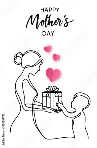 Ilustración arte de linea continua. madre e hijo. regalo. dia de la madre