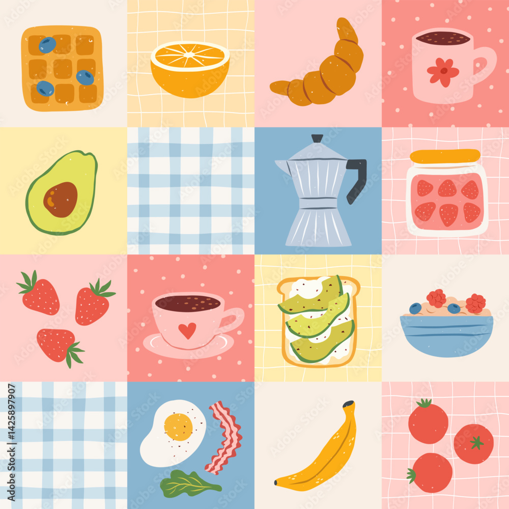 Cute checkered seamless pattern with breakfast products. Hand drawn coffee fried egg, croissant, milk, avocado, tomato. Decorative gingham background, quilt pattern. Vector mosaic ornament.