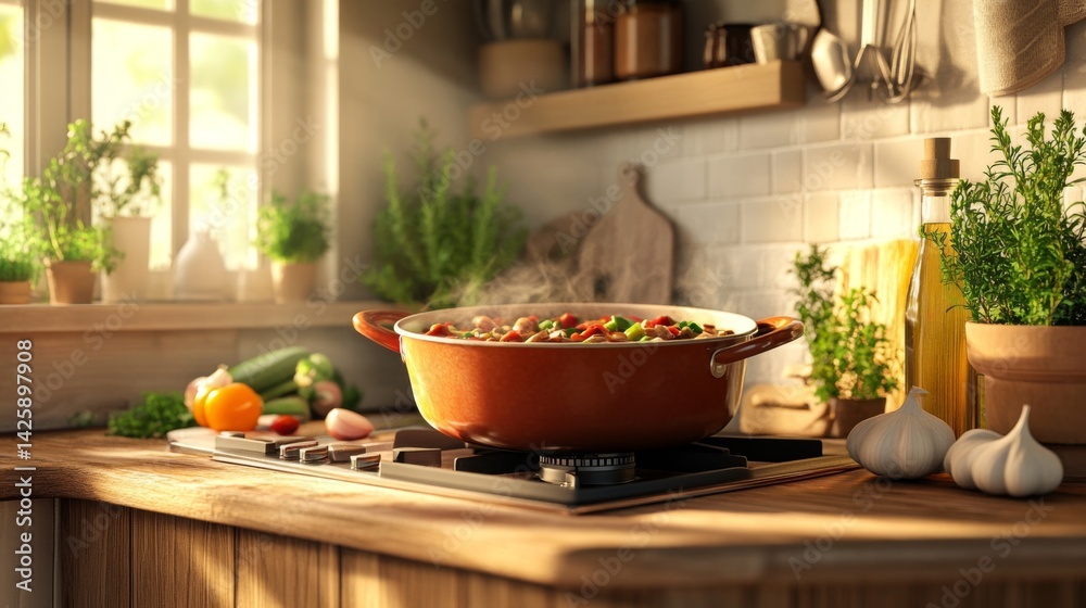 A rustic kitchen scene featuring a pot of simmering minestrone on the stove, surrounded by fresh herbs, vegetables, and garlic, showcasing the warmth of homemade cooking.