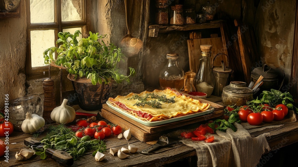 A rustic kitchen scene with a freshly baked lasagna on a wooden table, surrounded by ingredients like tomatoes, herbs, and garlic, showcasing the essence of homemade cooking.
