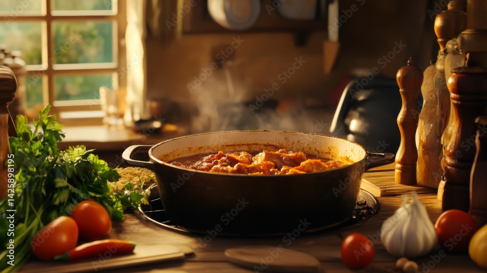 A rustic kitchen scene with a pot of crispy pork simmering in sauce, surrounded by fresh vegetables and aromatic spices, showcasing home cooking.