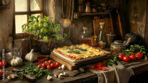 Obraz na płótnie A rustic kitchen scene with a freshly baked lasagna on a wooden table, surrounded by ingredients like tomatoes, herbs, and garlic, showcasing the essence of homemade cooking. w salonie
