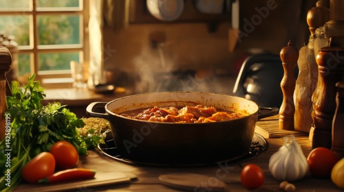 Obraz na płótnie A rustic kitchen scene with a pot of crispy pork simmering in sauce, surrounded by fresh vegetables and aromatic spices, showcasing home cooking. w salonie