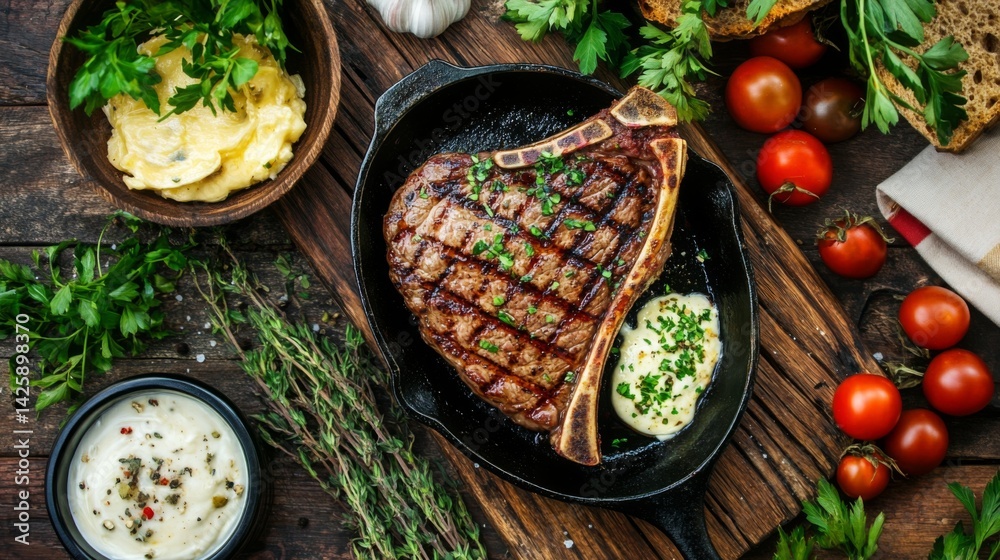 A rustic table setting with a grilled T-bone steak served on a cast-iron skillet, accompanied by a side of garlic butter and fresh herbs.