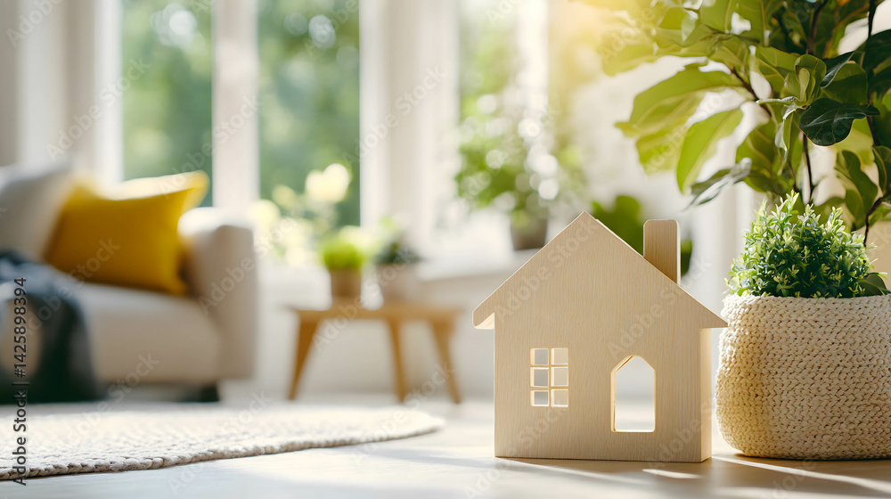 Close-up of a house model with the blurred living room in the background, representing the housing and property concept..