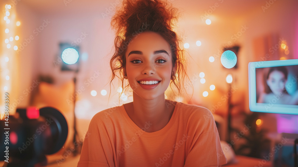A young, pretty influencer is filming herself in a well-lit studio.