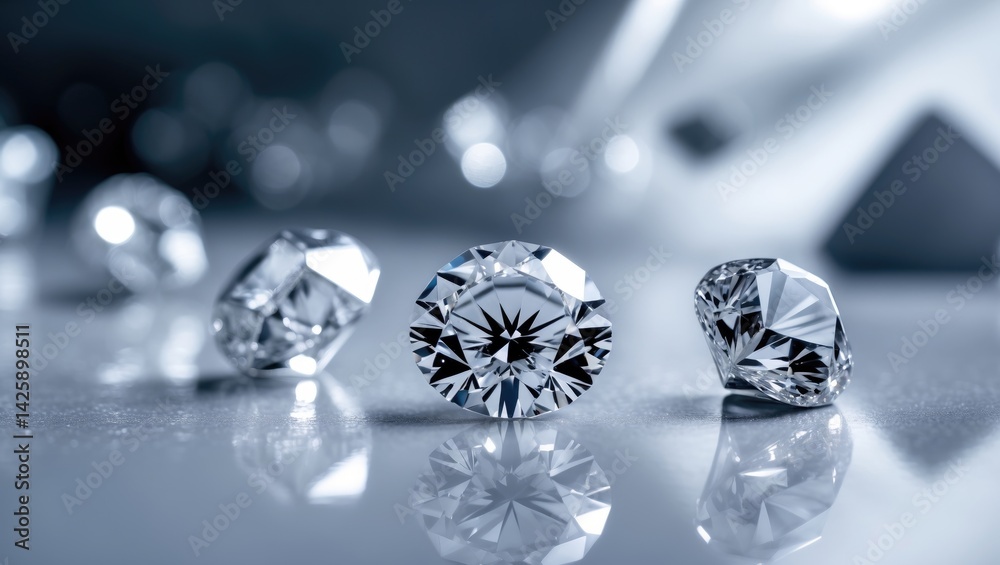 Close-up of expensive cut diamonds against a white background with ground reflections and ample empty space Close-up of expensive cut diamonds against a white background with ground reflections and ample empty space