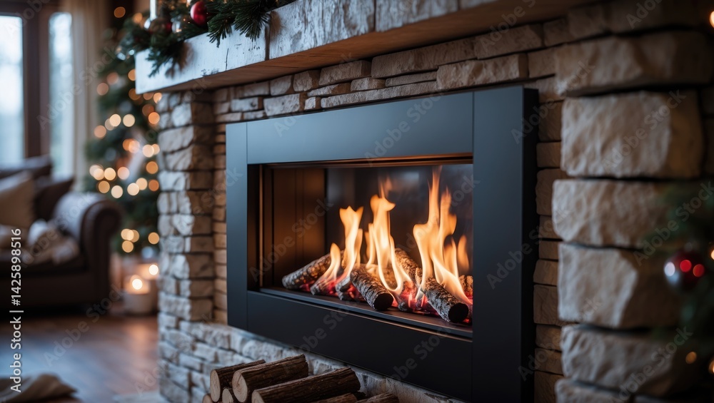 Obraz premium Rustic Cozy Home Featuring a Stone Fireplace with Burning Flames