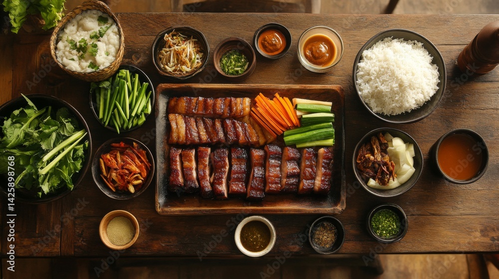 A rustic wooden table set for a feast, featuring a platter of pork belly alongside dipping sauces, fresh vegetables, and rice, inviting everyone to enjoy.