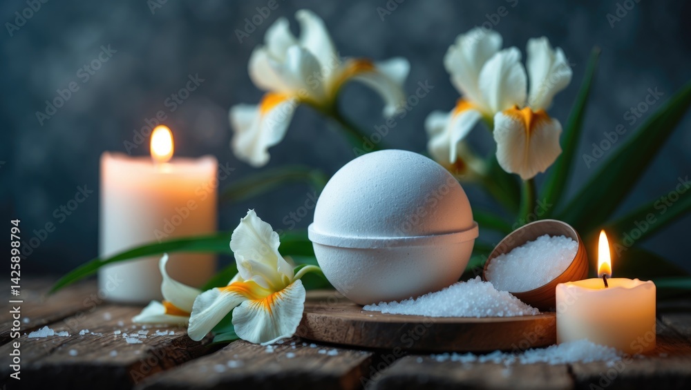 Close-up of vanilla bath bomb with lit candles on wooden background for wellness and relaxation