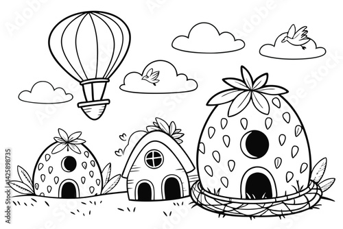 Fantasy Village Coloring Page with Birdhouses, Hot Air Balloon and Clouds Outlined