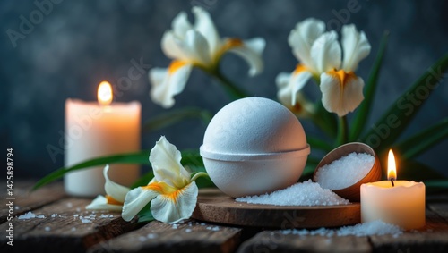 Obraz na płótnie Close-up of vanilla bath bomb with lit candles on wooden background for wellness and relaxation w salonie