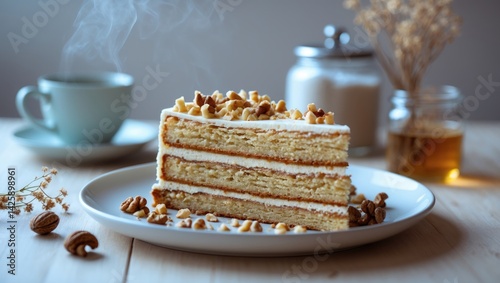 Elegant still life featuring a walnut cake on a pastel background with a focus on desserts.