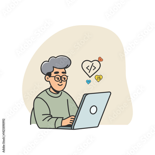 Focused Programmer in Flat Vector Style: A Minimalist Male Coder at Work