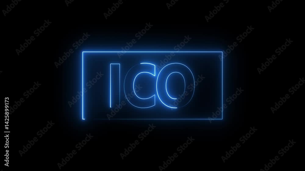 ICO animation vibrant neon colourful digital motion intro text on dark screen background. ICO animation vibrant neon colourful digital motion intro text on dark screen background, 4k video.