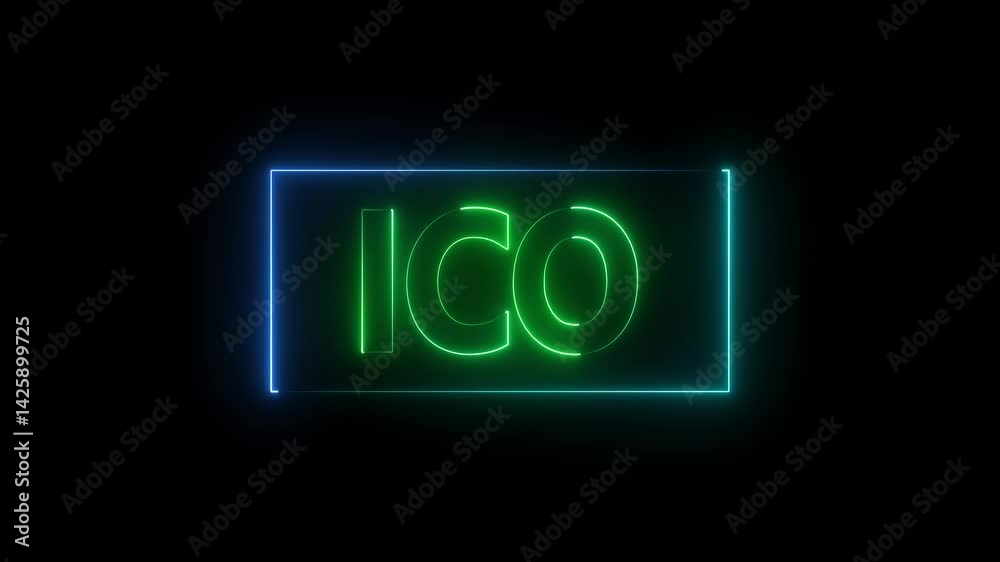 ICO animation vibrant neon colourful digital motion intro text on dark screen background. ICO animation vibrant neon colourful digital motion intro text on dark screen background, 4k video.