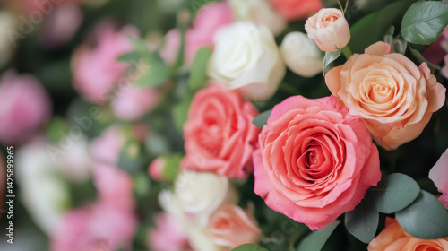 Beautiful flowers in various shades of pink and white create vibrant and cheerful atmosphere, perfect for celebrations or as decorative element in any setting