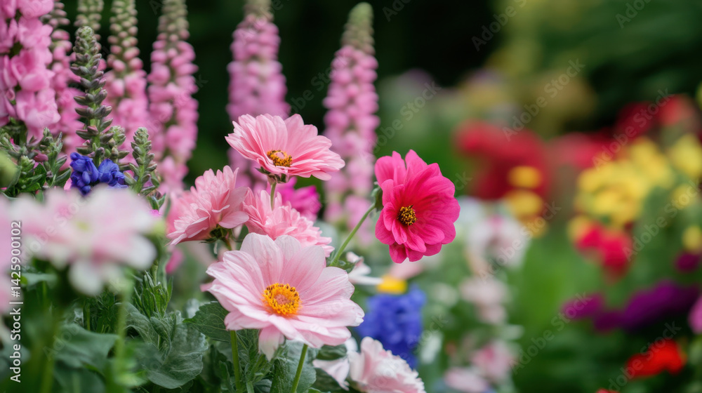 Beautiful flowers in vibrant garden display mix of colors and textures, creating cheerful and inviting atmosphere. blossoms include pink daisies and purple lupines, enhancing natural beauty Beautiful flowers in vibrant garden display mix of colors and textures, creating cheerful and inviting atmosphere. blossoms include pink daisies and purple lupines, enhancing natural beauty
