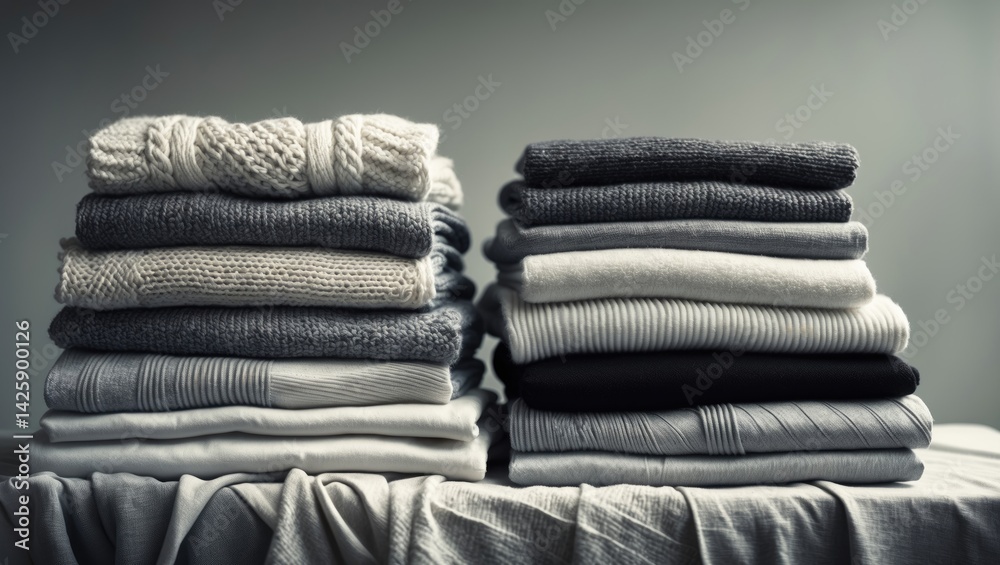 Stacks of monochrome gradient linens in white, gray, and black with wool textiles and clothing background closeup in retro style with beige toning