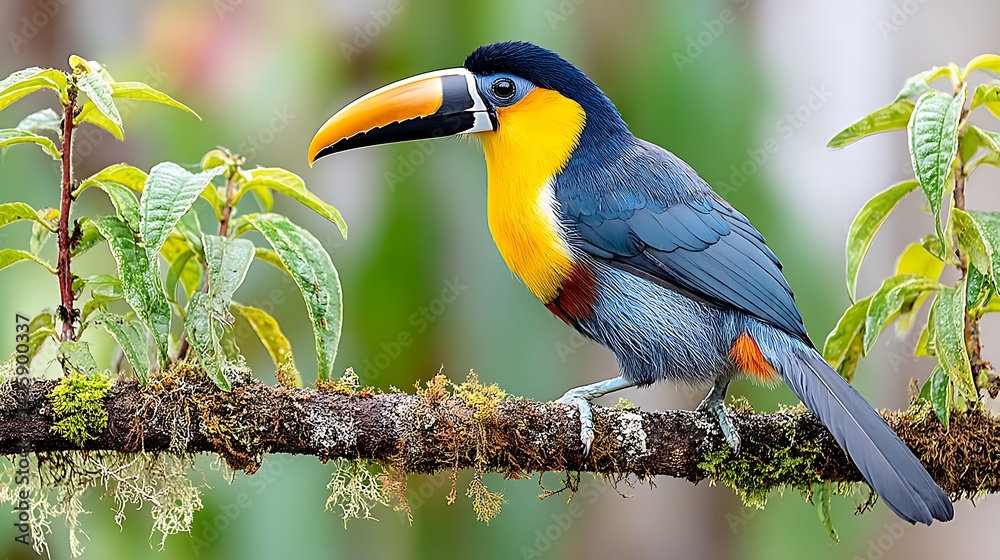 Obraz premium Vibrant Toucan Perched on Moss-Covered Branch with Orange Beak