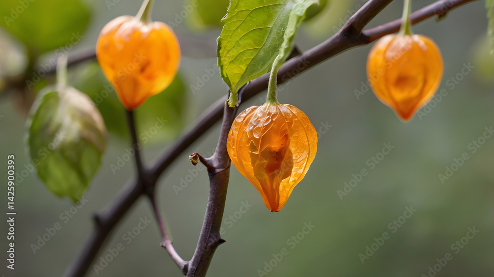 Close-up of vibrant orange, translucent physalis fruits hanging on branches.