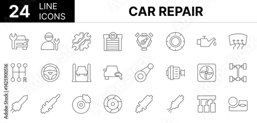 Collection of 24 Car Repair line icons featuring editable strokes. These outline icons depict various modes of Car Repair, car repair service, automobile maintenance, icon, mechanic, vehicle,