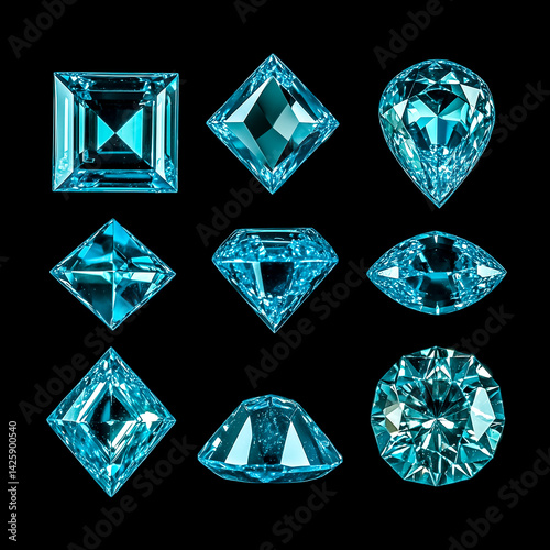 Collection of stunning blue gemstones featuring various cuts and shapes against a black background.