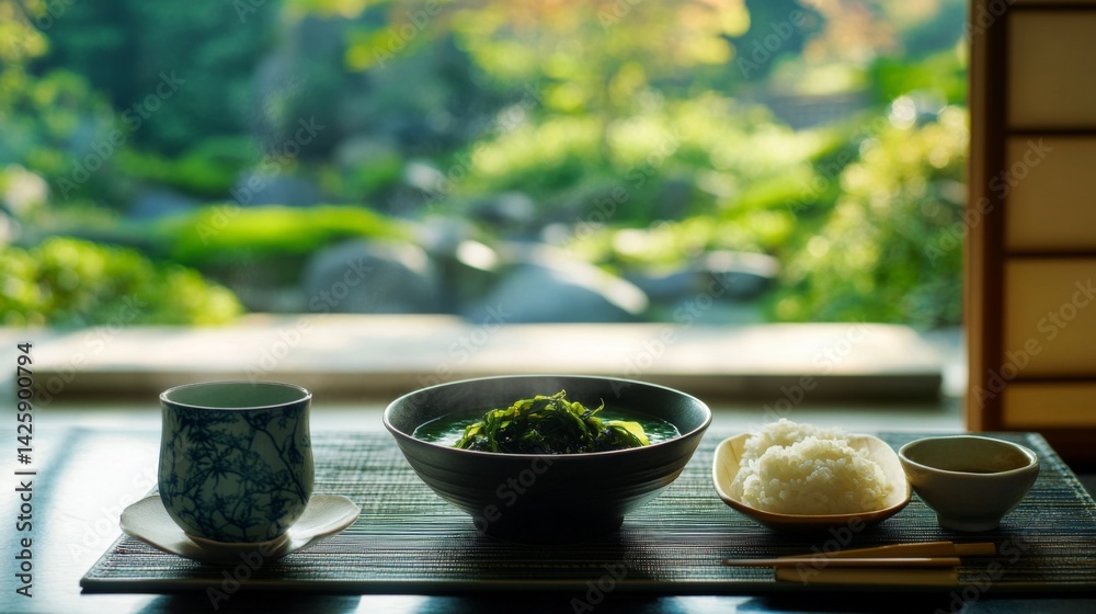 A serene dining setup with a bowl of seaweed soup, a cup of green tea, and a simple plate of rice, set against a backdrop of a tranquil garden view.