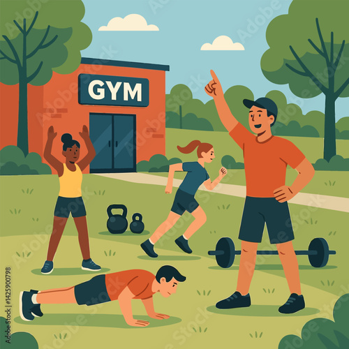 People Exercising Outside Gym with Trainer Leading Workout Session