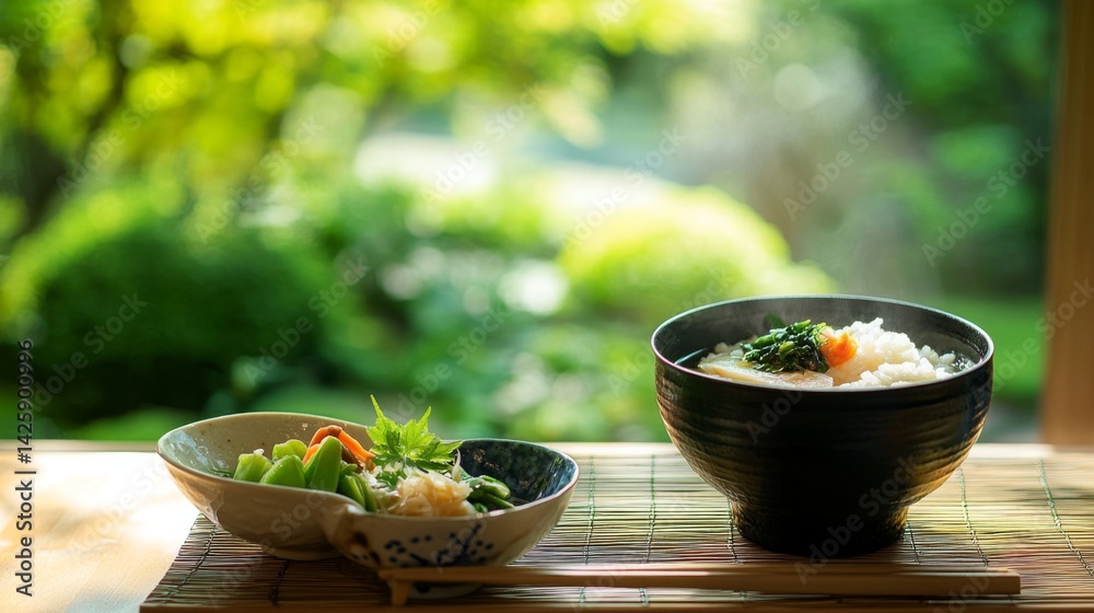 A serene breakfast scene featuring a bowl of hot rice soup accompanied by pickled vegetables and a cup of green tea, set against a tranquil garden view.