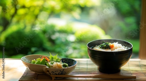Obraz na płótnie A serene breakfast scene featuring a bowl of hot rice soup accompanied by pickled vegetables and a cup of green tea, set against a tranquil garden view. w salonie