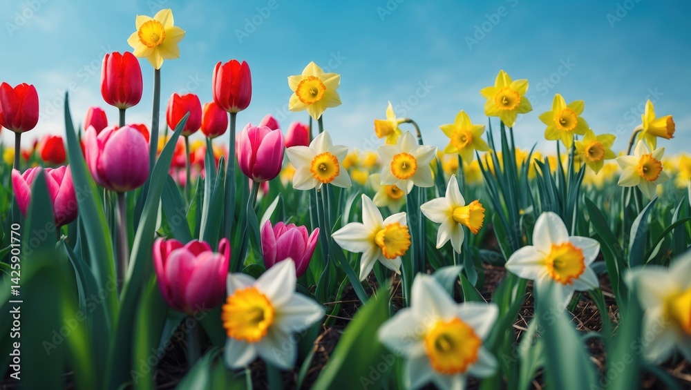 Obraz premium Spring daffodils and tulips blooming in the field