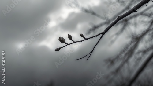 Abstract pattern of spring chestnut apical buds against a gray cloudy sky with backlight
