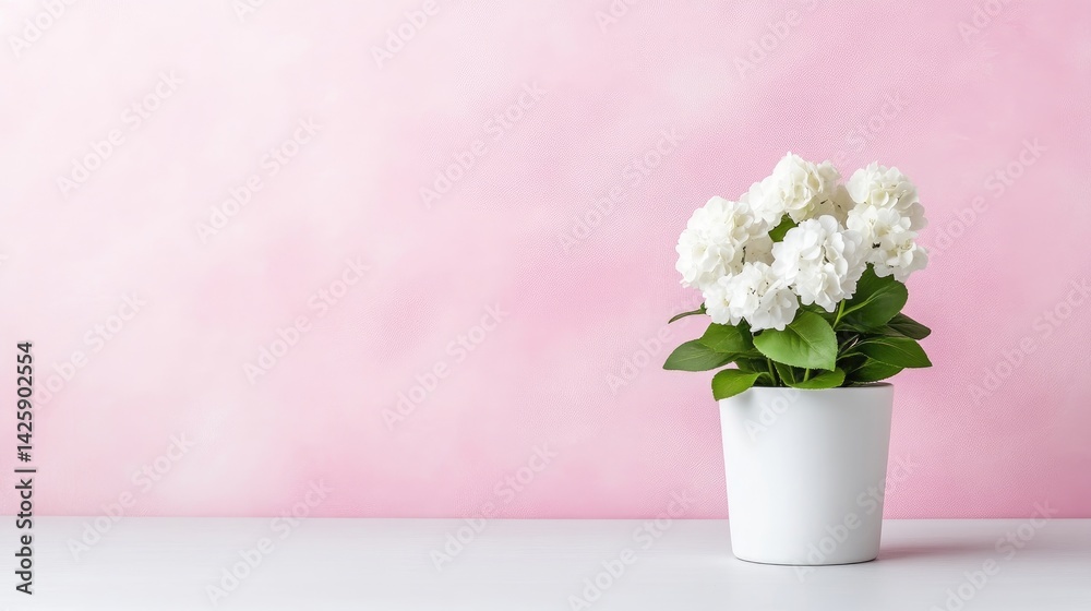 Fototapeta premium White flowers in a white pot against a soft pink background