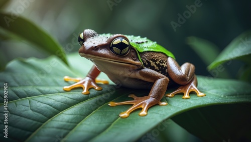 Zoomed-in view of a masked tree frog's face amidst tropical foliage photo
