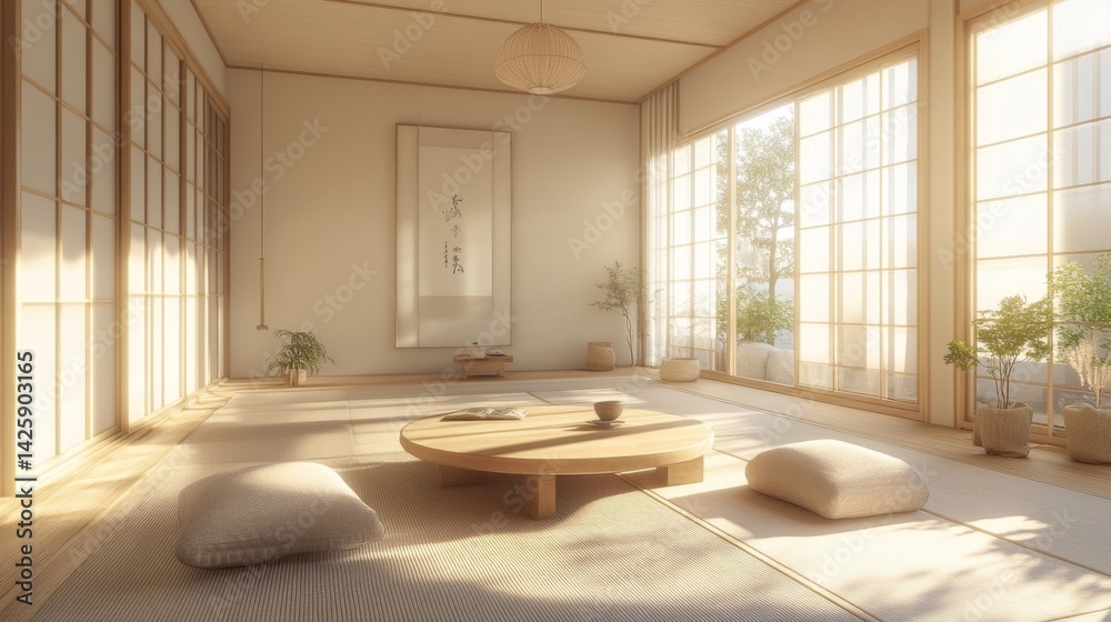 A serene Muji-inspired living room featuring a minimalist design with natural wood furniture, neutral tones, and large windows that let in ample natural light, creating a peaceful retreat.