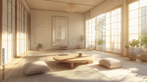 Obraz na płótnie A serene Muji-inspired living room featuring a minimalist design with natural wood furniture, neutral tones, and large windows that let in ample natural light, creating a peaceful retreat. w salonie